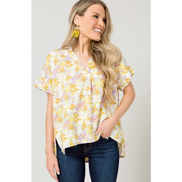 Karlie Floral V Neck Pleated Flowing Top Yellow Size Large - Picture 1 of 13